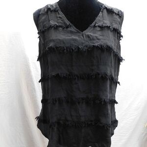 Isabel Lu L 100% Silk Black Fring Accent Blouse EUC